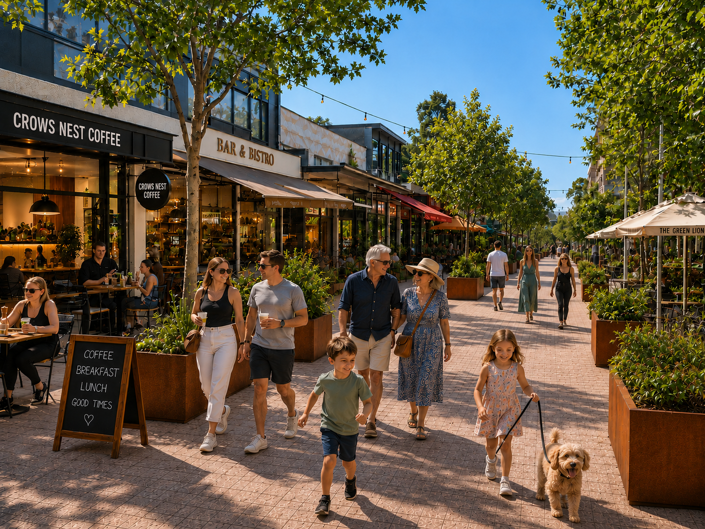 Willoughby Road as a lively pedestrian street with cafes, families and street trees